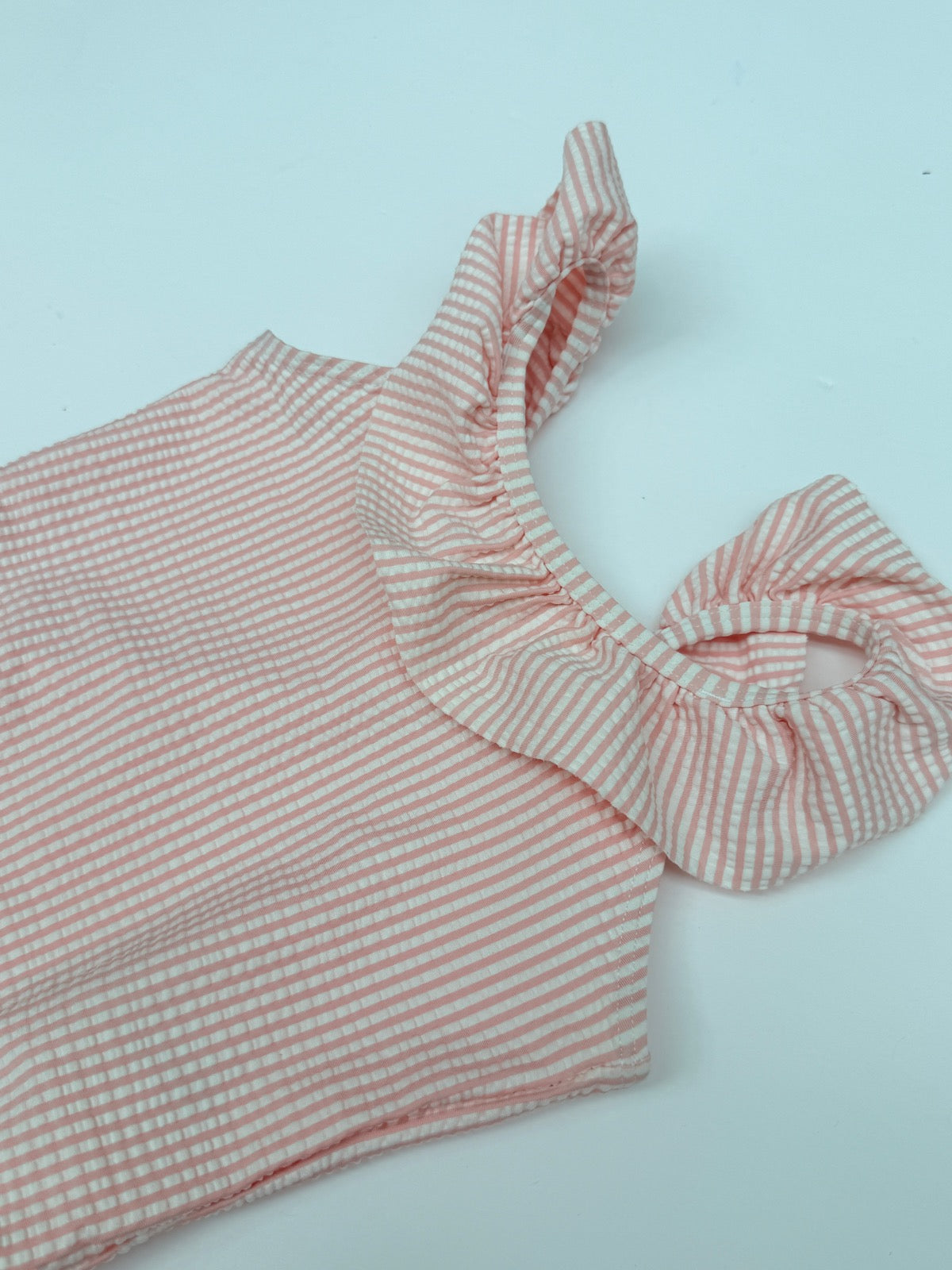 Pink Striped Seersucker Ruffle One-Piece Swimsuit