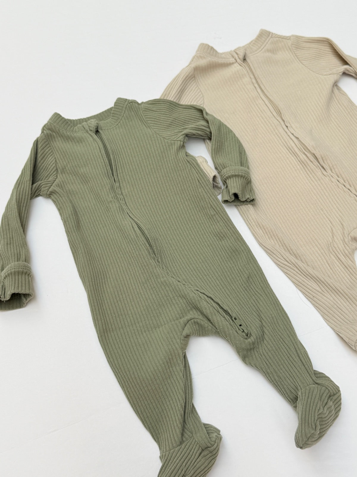 Ribbed Zip Footed Sleeper Set Olive Beige 0-3M 2pc