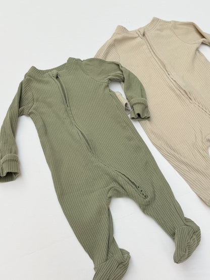 Ribbed Zip Footed Sleeper Set Olive Beige 0-3M 2pc
