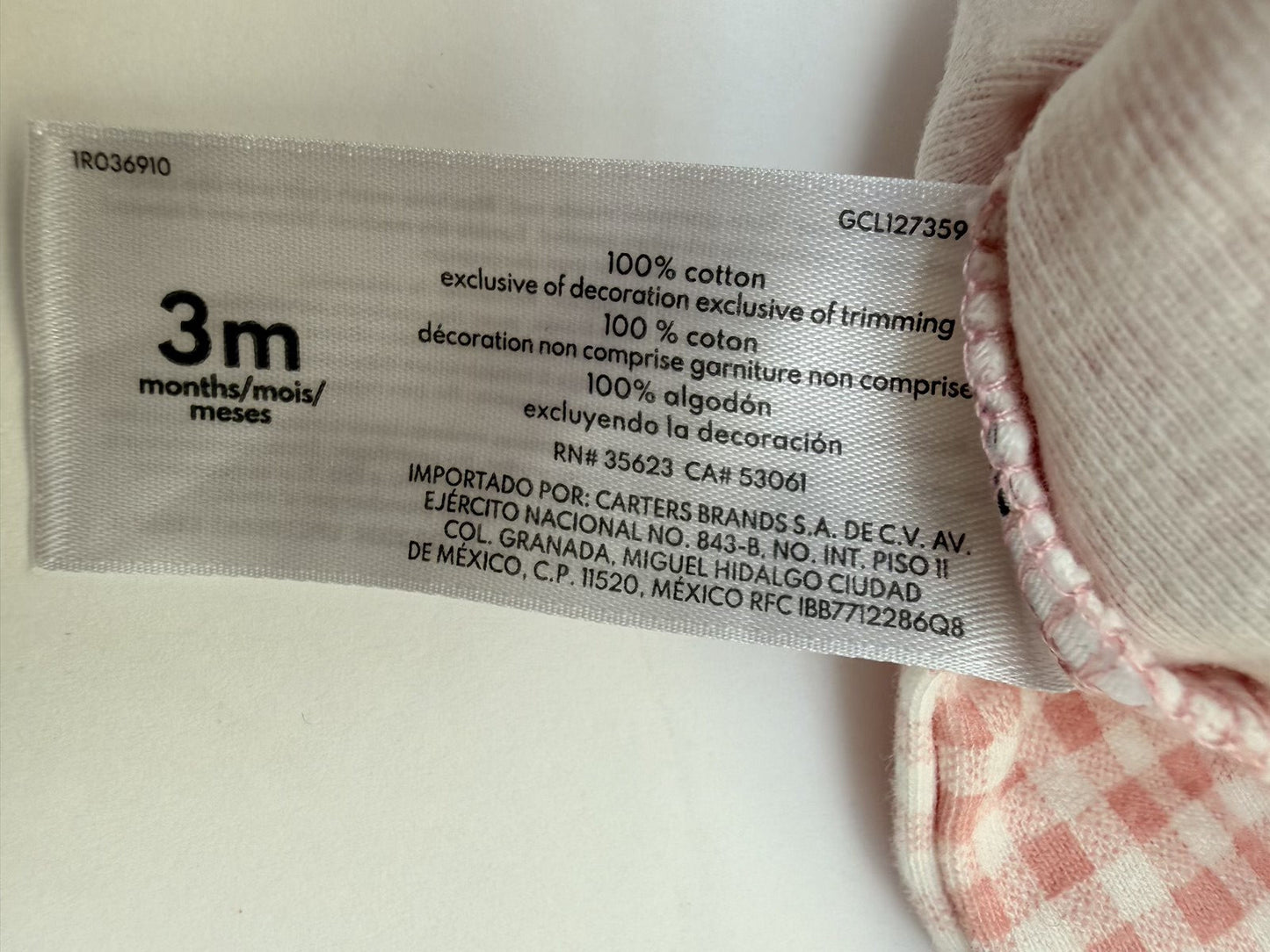Carter's Pink Gingham Long Sleeve Bodysuit 3m
