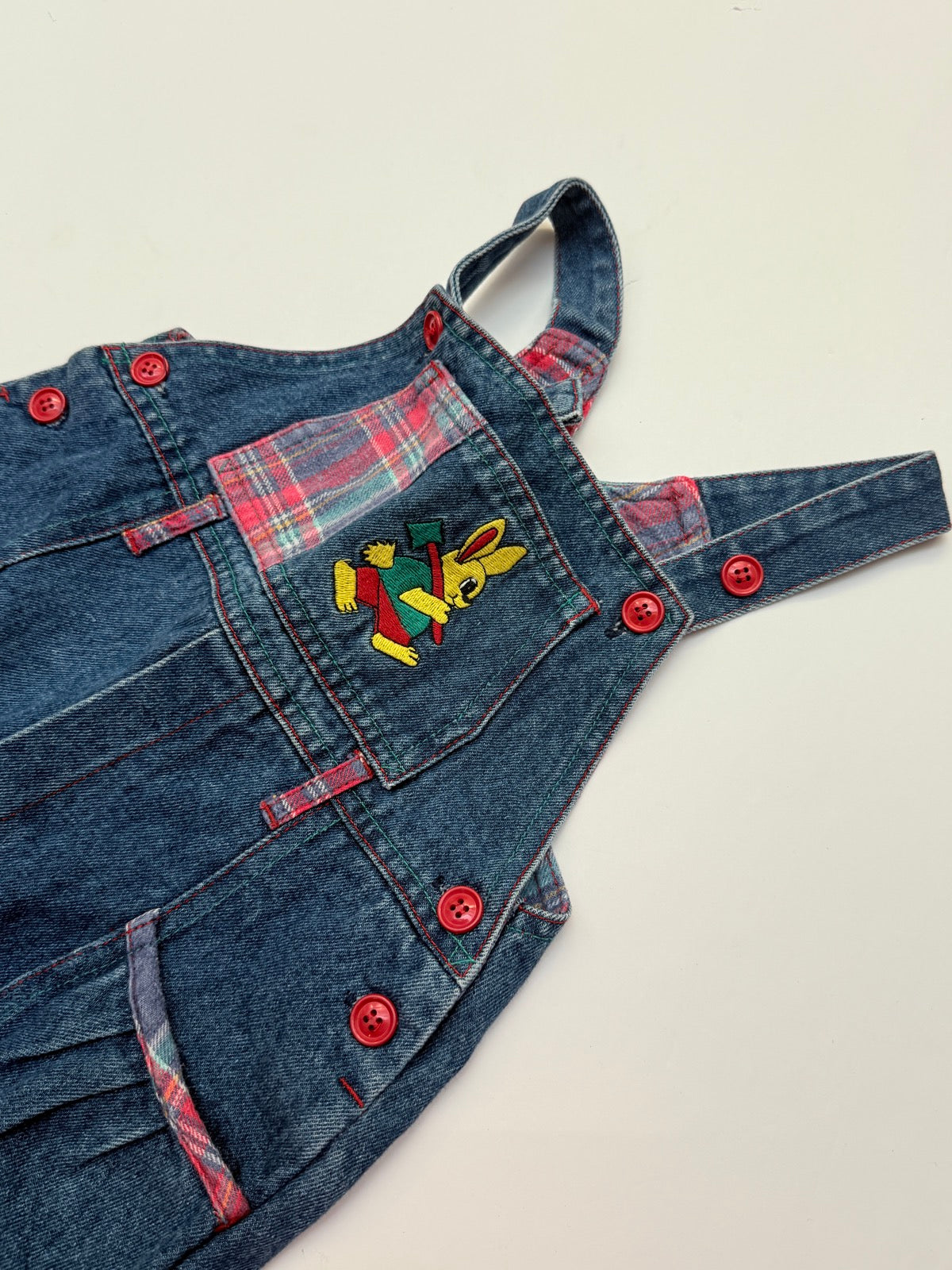 Vintage Bunny Denim Plaid Overalls Size 12-18m