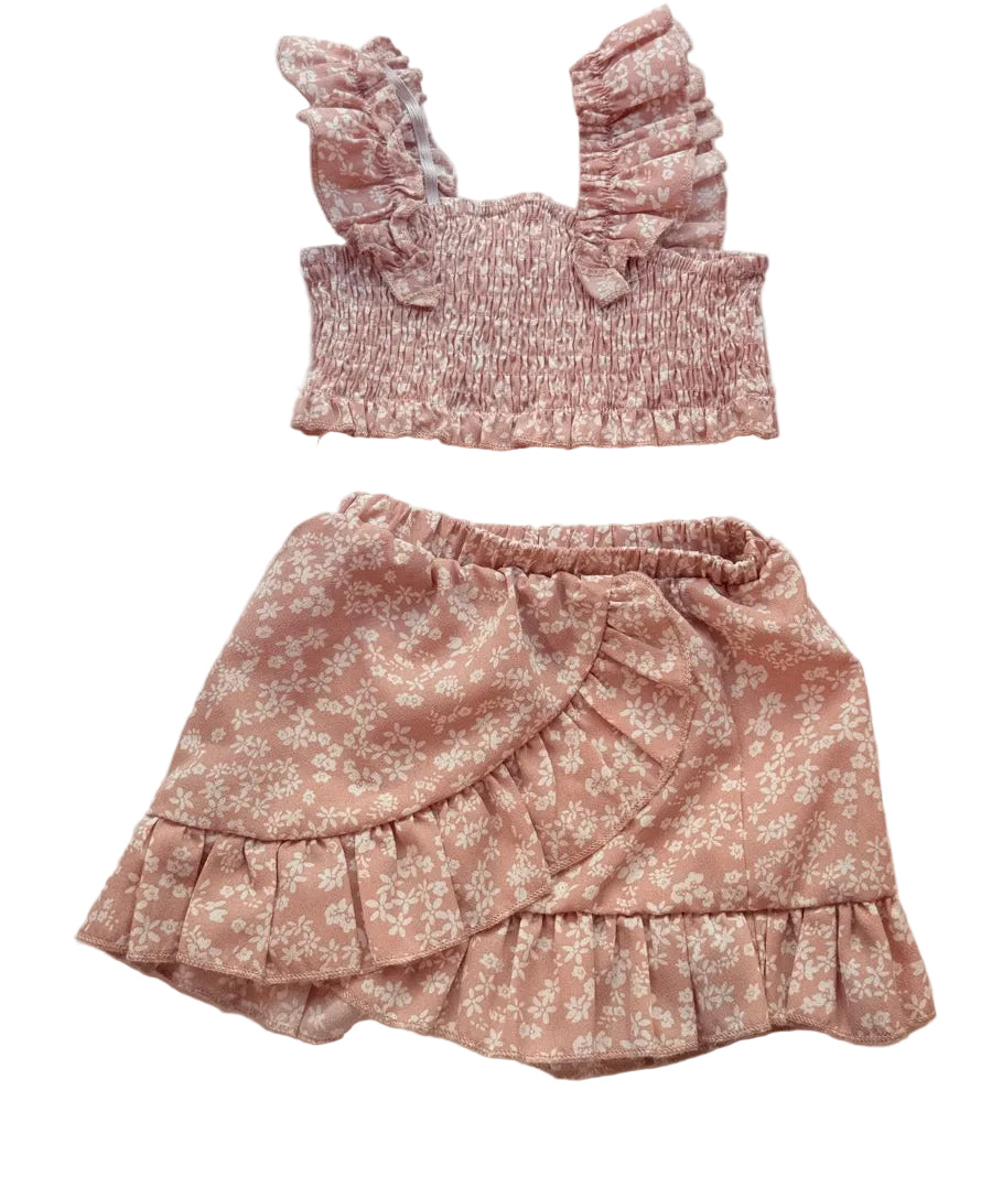 Floral Pink Smocked Ruffle Top Skirt Set 2T