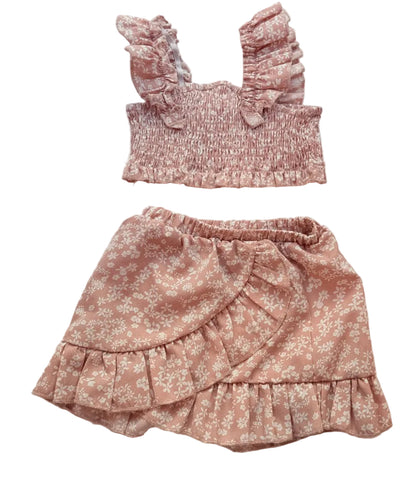 Floral Pink Smocked Ruffle Top Skirt Set 2T