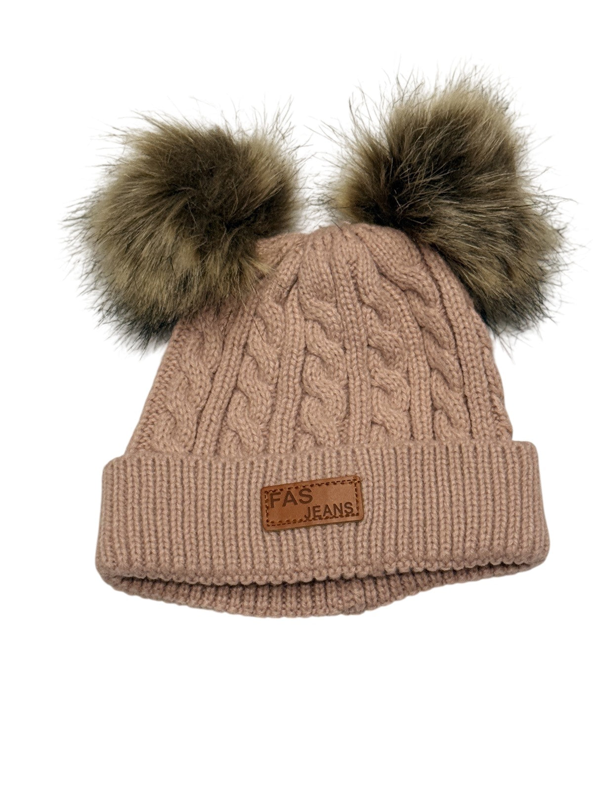 FAS Jeans Pink Cable Knit Double Pom Beanie 2-5Y