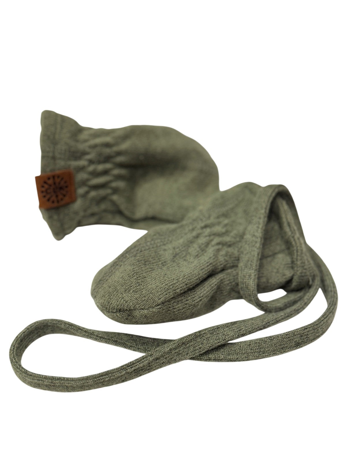 CLK Olive Green Knit Baby Mittens with Cord