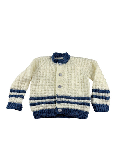 Handknit Cream & Blue Striped Cardigan size 3/4
