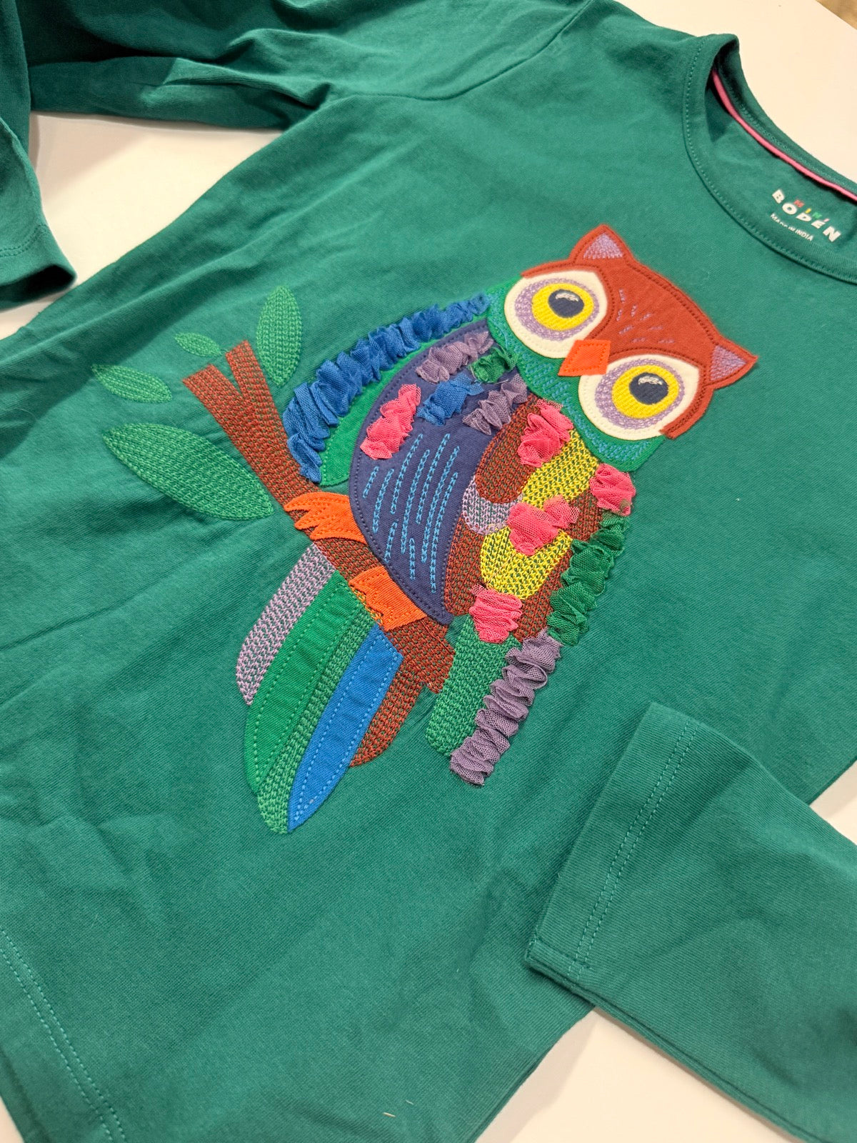 Mini Boden Owl Applique Long Sleeve Top 7-8y