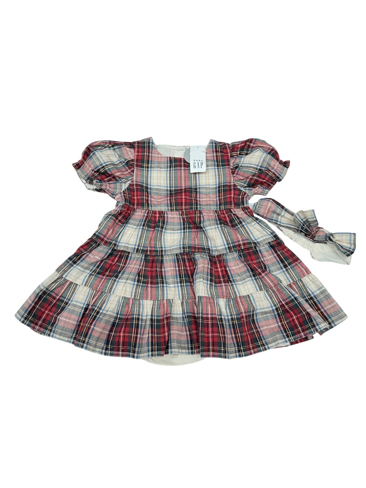 NWT - Baby Gap Plaid Tiered Dress & Headband 6-12M
