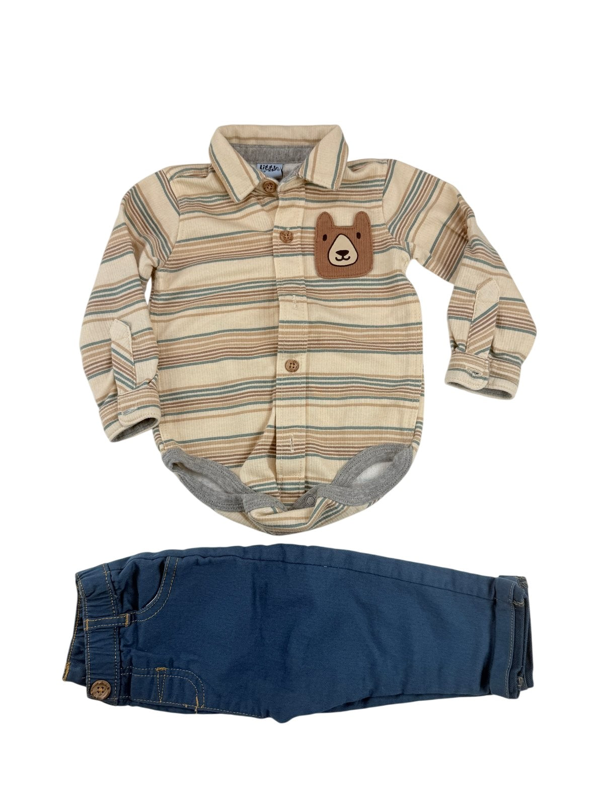 Little Lad Striped Bear Bodysuit & Pants Set 6/9M