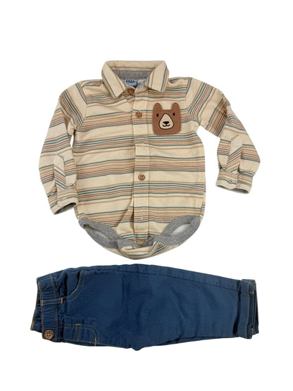 Little Lad Striped Bear Bodysuit & Pants Set 6/9M