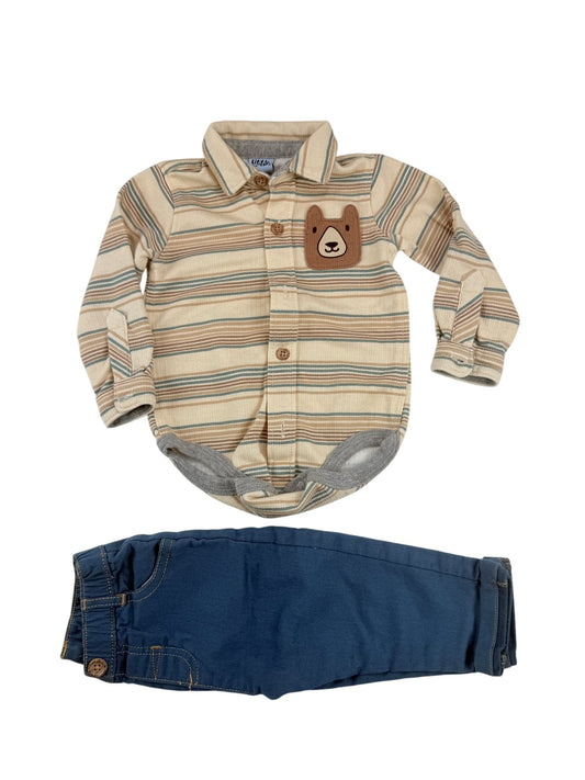 Little Lad Striped Bear Bodysuit & Pants Set 6/9M