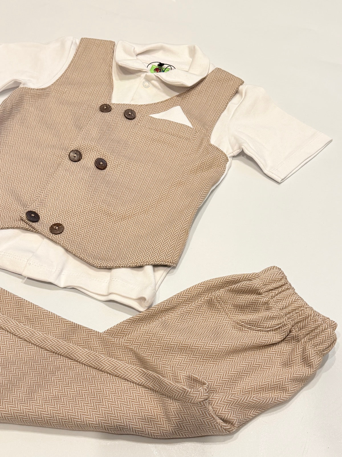 3-Piece Suit Set Bachao Party Beige Herringbone 18-24M