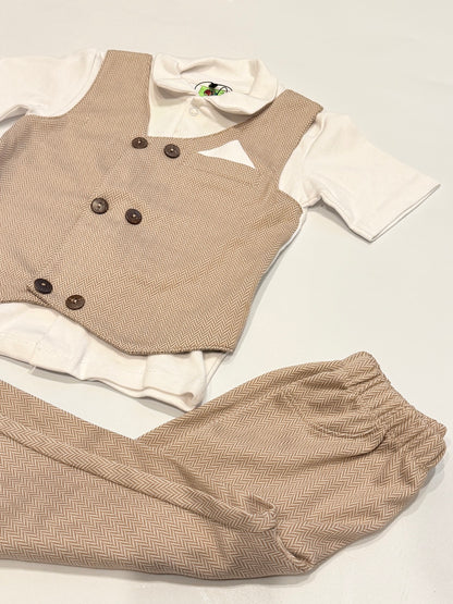3-Piece Suit Set Bachao Party Beige Herringbone 18-24M
