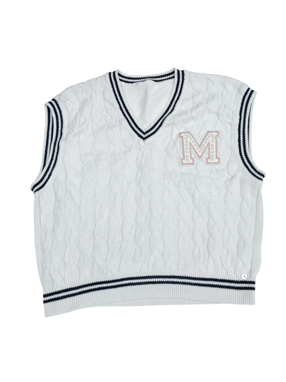 Cable Knit Vest with Pearl M Patch Womans Xsm 12y+