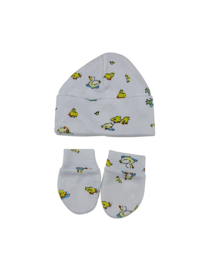 Baby Beanie and Scratch Mittens Set Duck Print NB