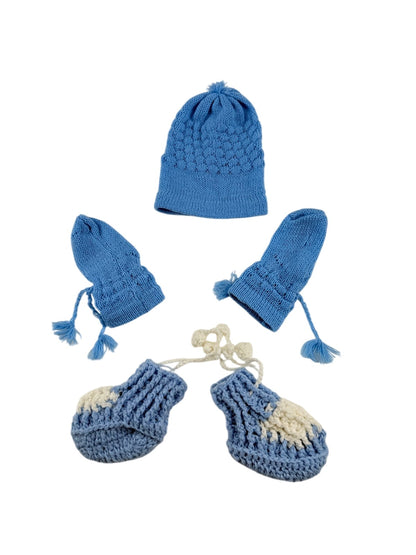 Handmade Blue Knit Hat, Mitts & Booties Set 0-3m