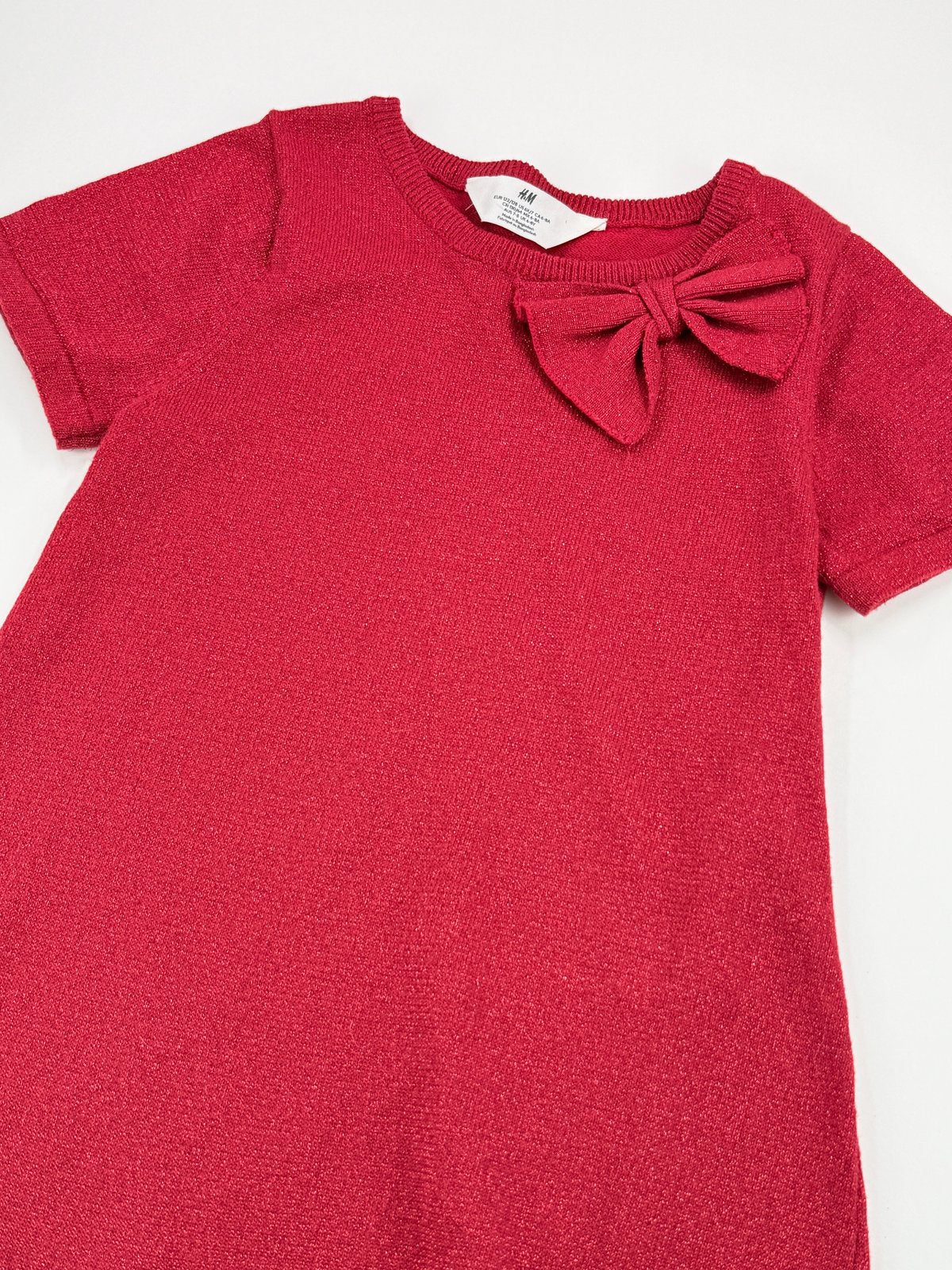 H&M Red Sparkle Knit Bow Dress Size 6-8Y
