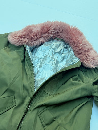 Zara Girls Olive Bomber Jacket Pink Fur Size 8