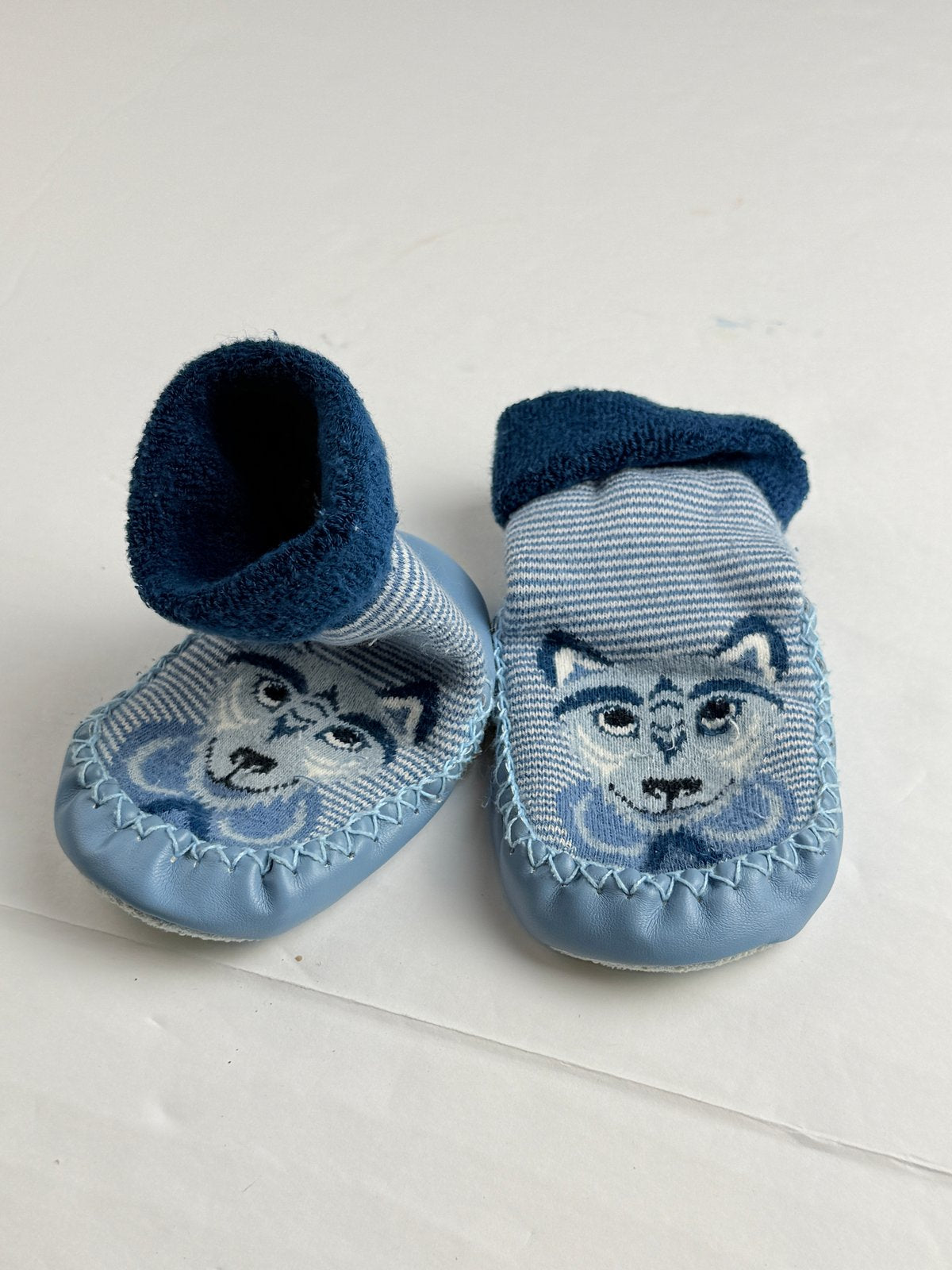 Blue Striped Wolf Moccasin Slipper Socks