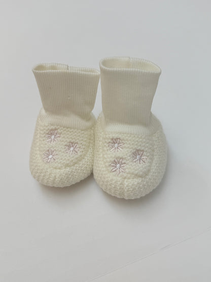Knit Baby Booties Cream Floral Embroidery 0-3m
