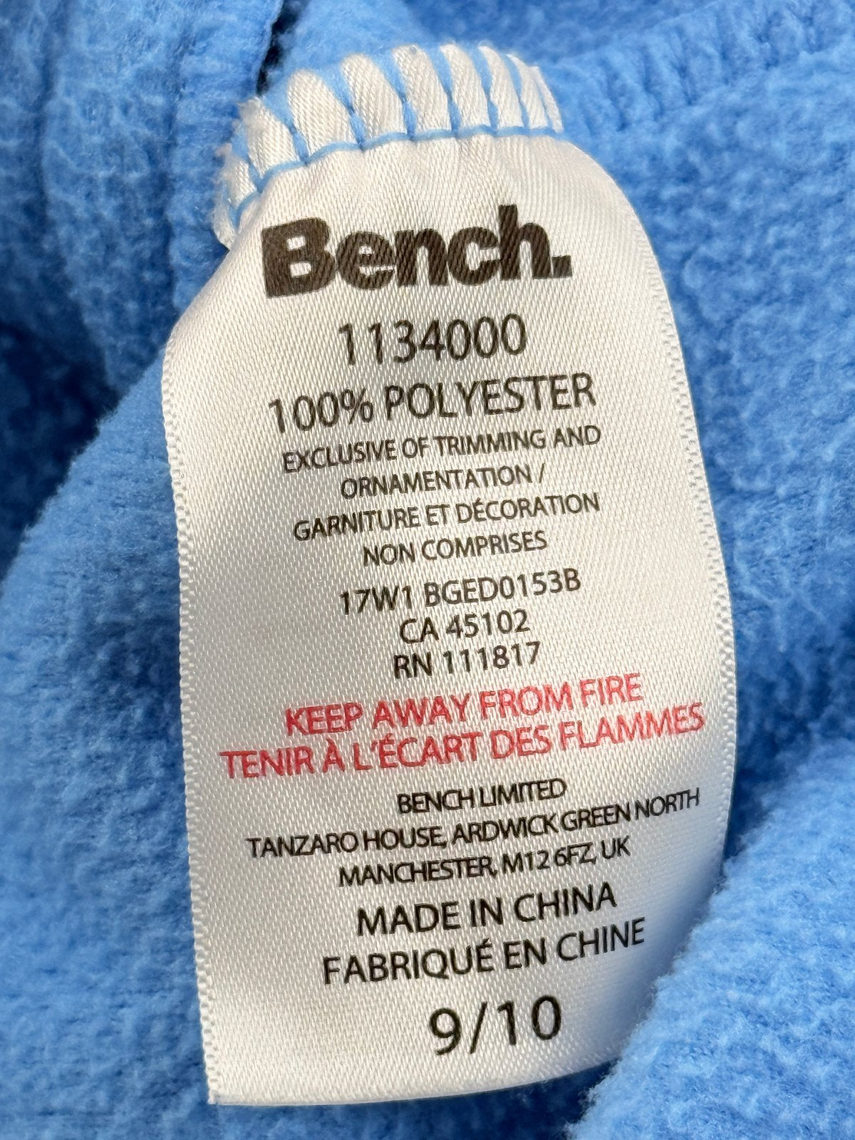 Bench Blue Fleece Jacket Size 9/10