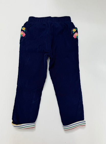 Mini Boden Lined Navy Corduroy Embroidered Floral Pants 4Y