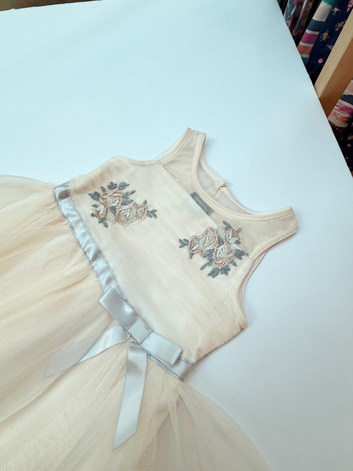 Zunie Cream Floral Embroidered Tulle Dress 3T