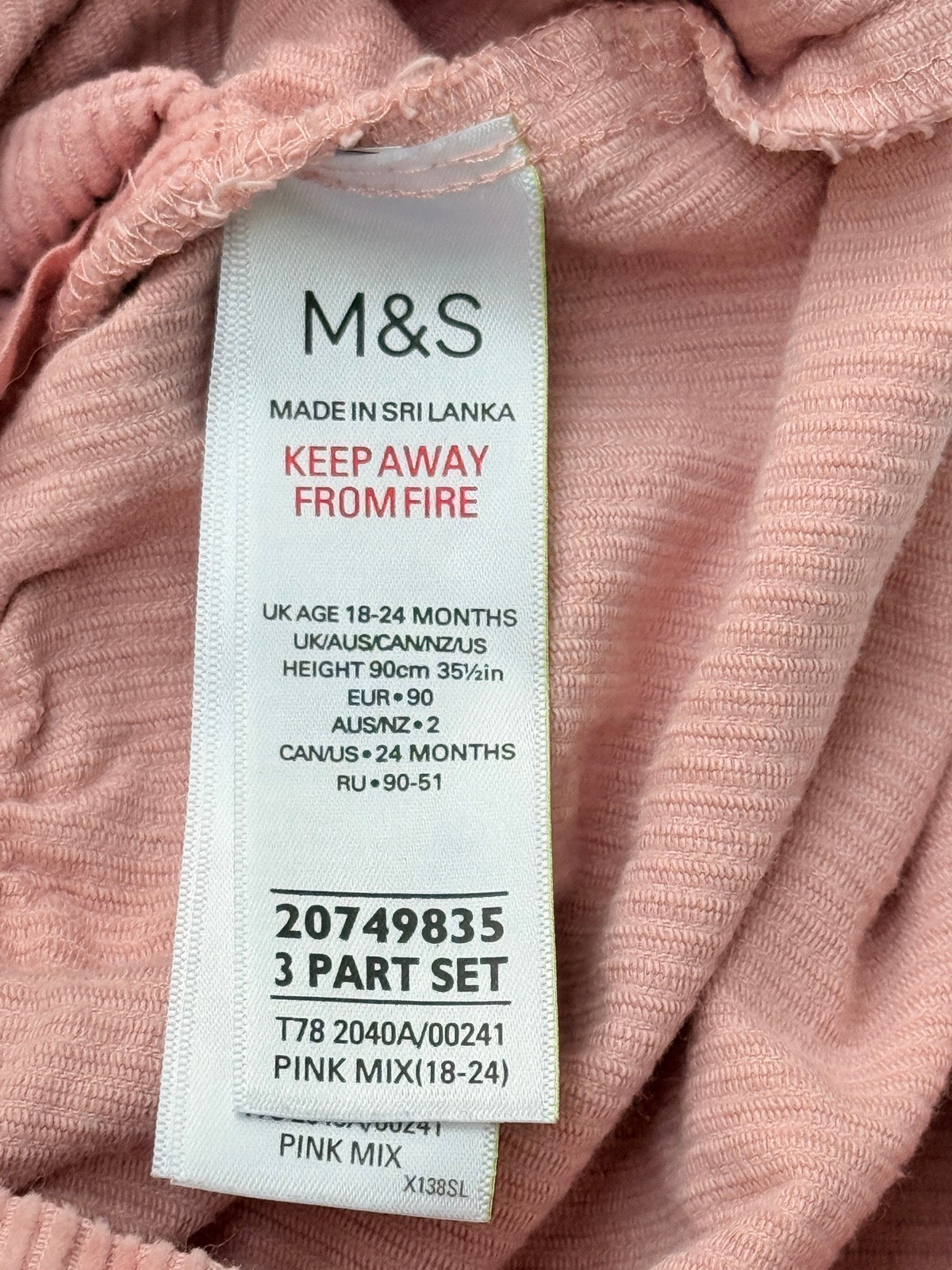 M&S Pink Corduroy Bunny Dungaree Dress 18-24M