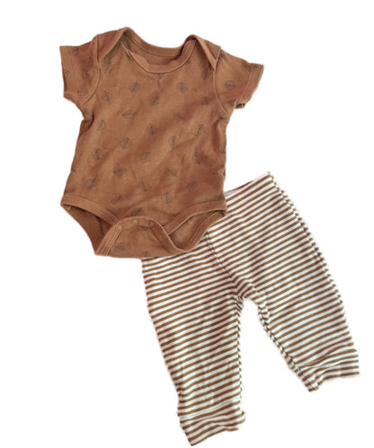 Leaf Print Onesie Striped Pants Set 3M