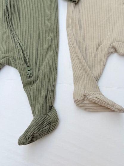 Ribbed Zip Footed Sleeper Set Olive Beige 0-3M 2pc