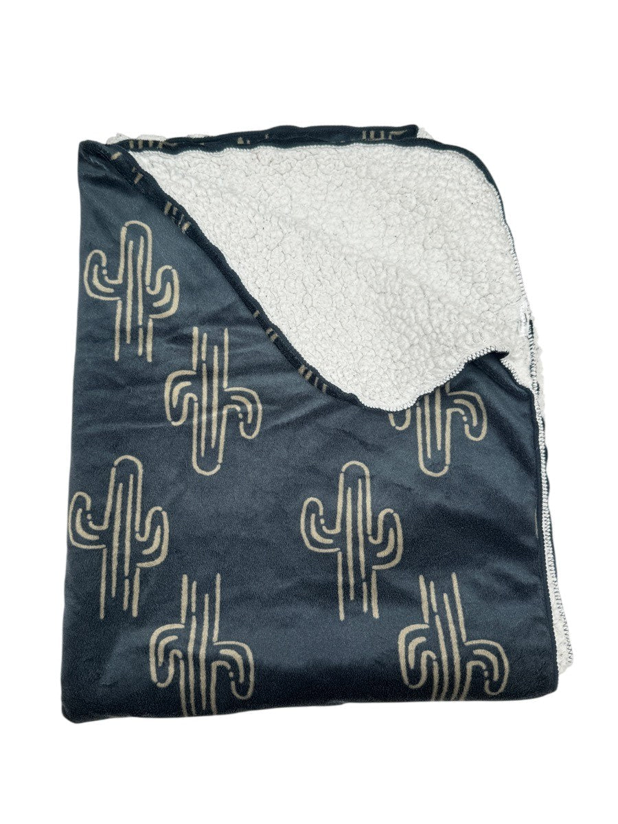 Navy Cactus Print Sherpa Fleece Throw Blanket