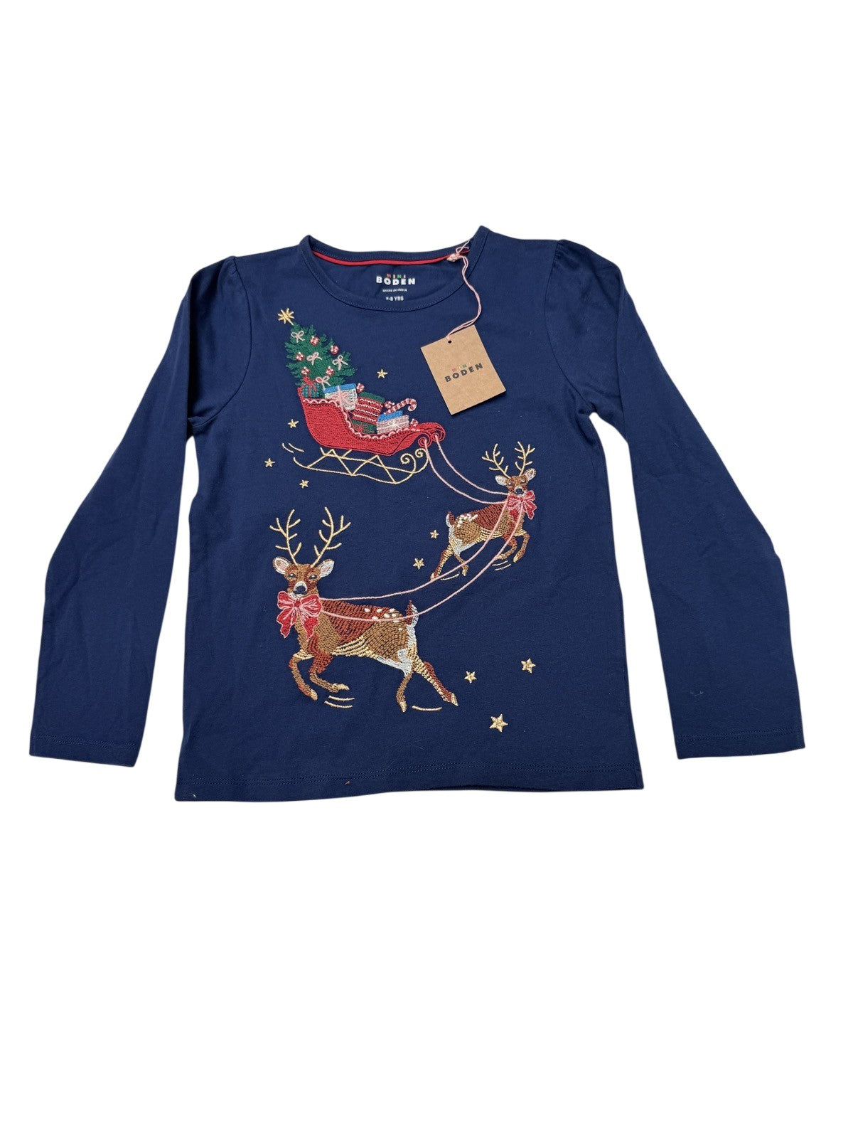 NWT - Mini Boden Reindeer Sleigh Embroidered Top 7-8Y