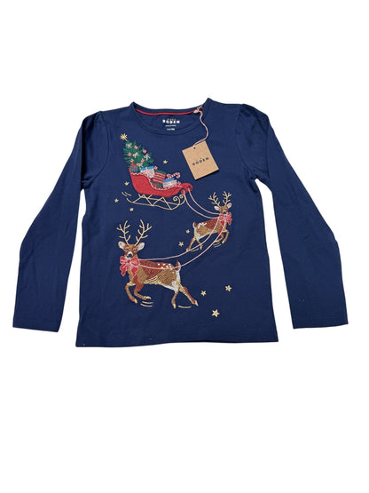 NWT - Mini Boden Reindeer Sleigh Embroidered Top 7-8Y