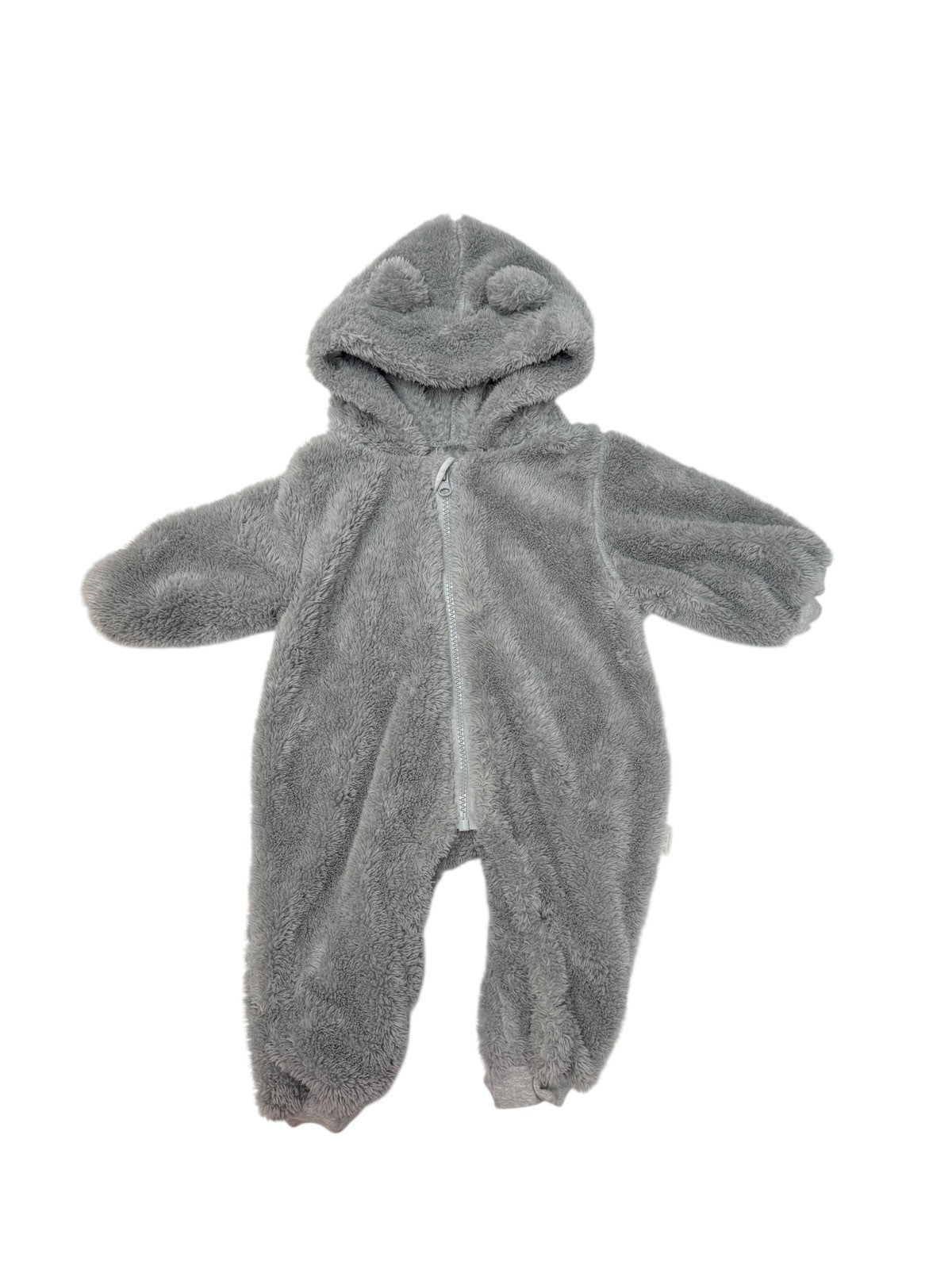 Gray Teddy Bear Hooded Fleece Pramsuit 3-6M