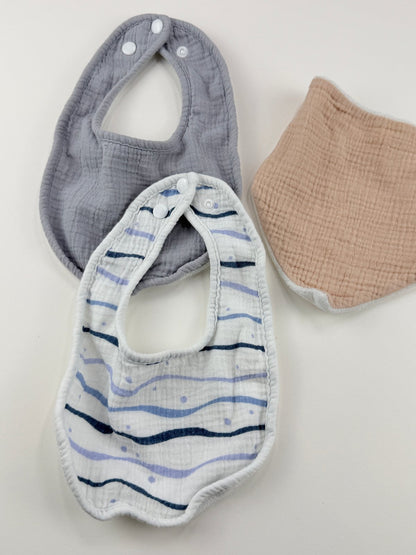 3-Piece Muslin Bib Set Gray Blue Peach 0-12M