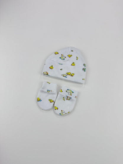 Baby Beanie and Scratch Mittens Set Duck Print NB
