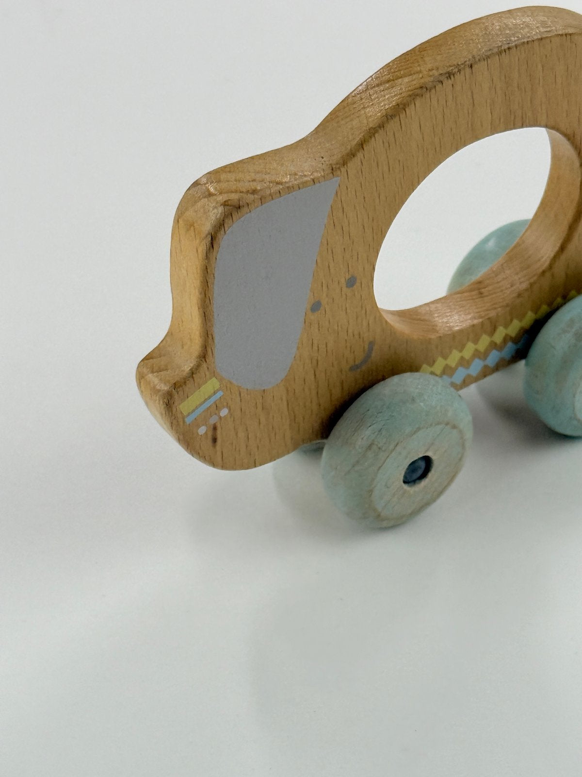 Wooden Dog Push Toy with Blue Wheels