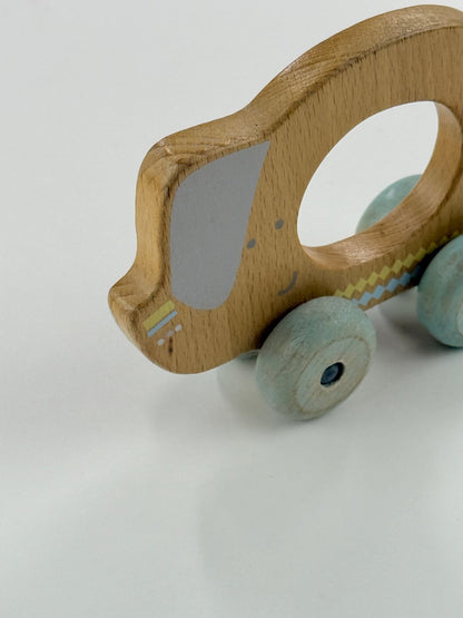 Wooden Dog Push Toy with Blue Wheels