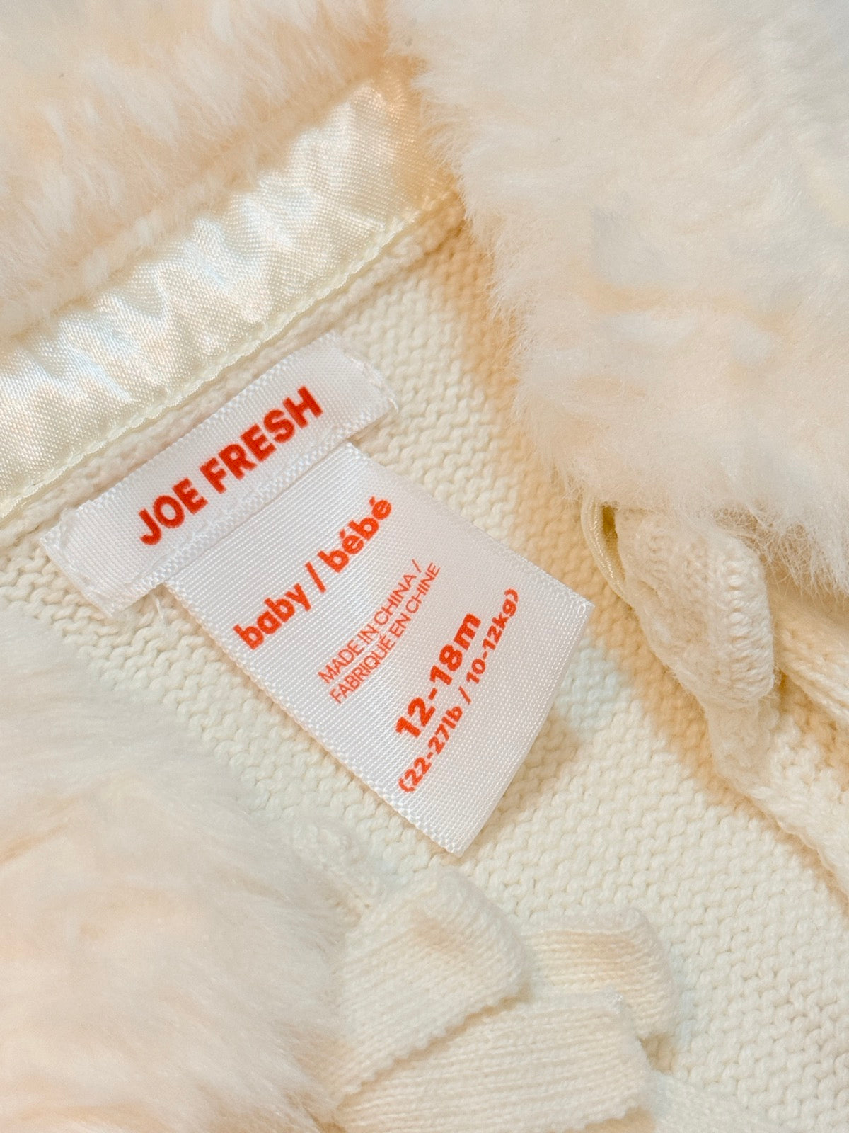 Joe Fresh Cream Knit Cardigan Faux Fur 12-18m