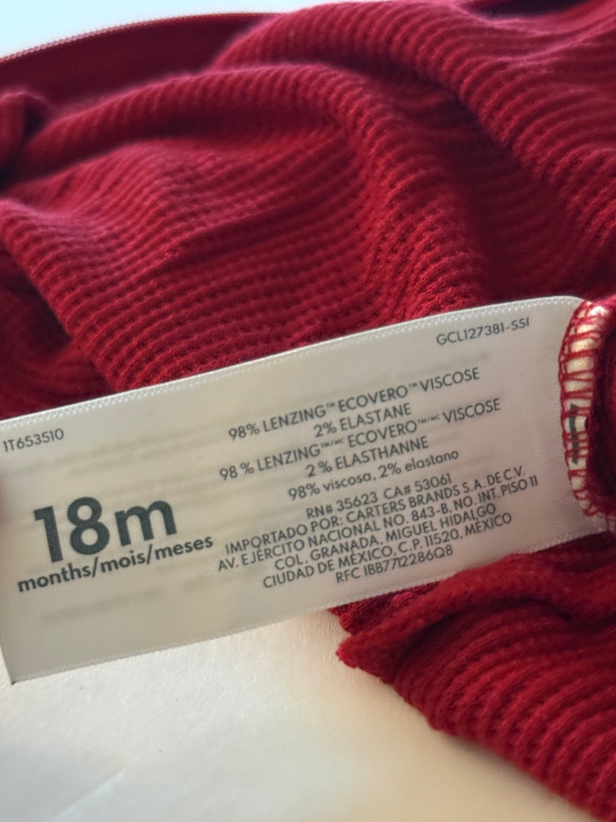 Carter's Purely Soft Red Thermal Union Suit 18M