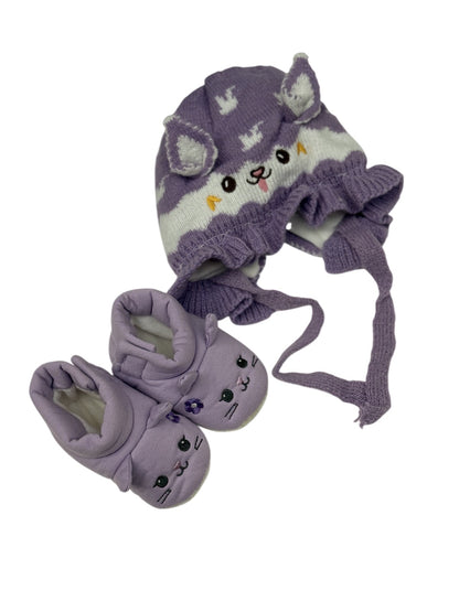 Purple Cat Knit Hat and Booties Set 3-6m