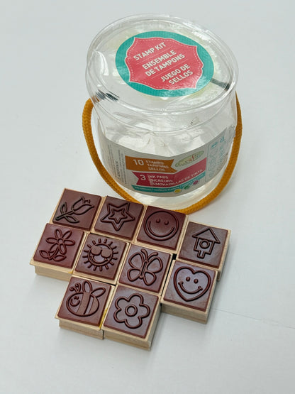 Craft Wooden Stamp Kit 10 Stamps 3 Ink Pads