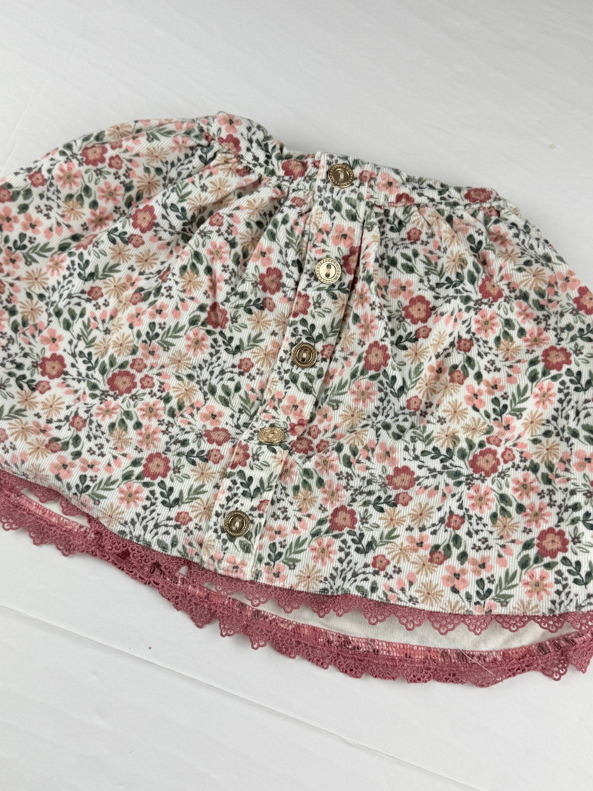 Floral Corduroy Button Skirt Lace Trim 2T