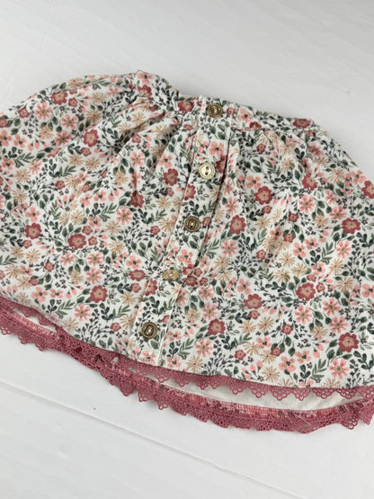 Floral Corduroy Button Skirt Lace Trim 2T