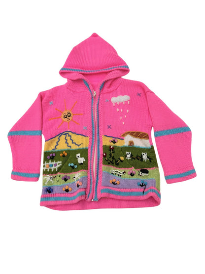 Peruvian Knit Embroidered Hooded Cardigan Pink 5/6Y